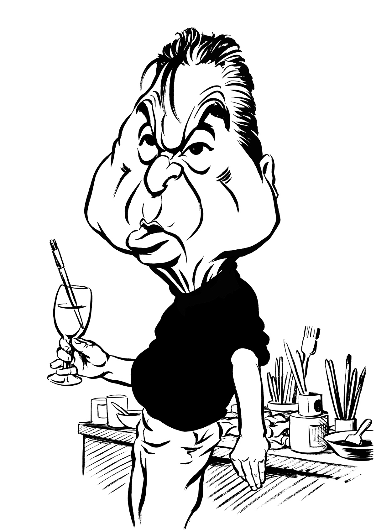 Francis Bacon caricature, British post-war artist and painter, London, Soho. By Ken Lowe Illustration. Limited edition prints available, size A2 or A3, signed and numbered by Ken Lowe.