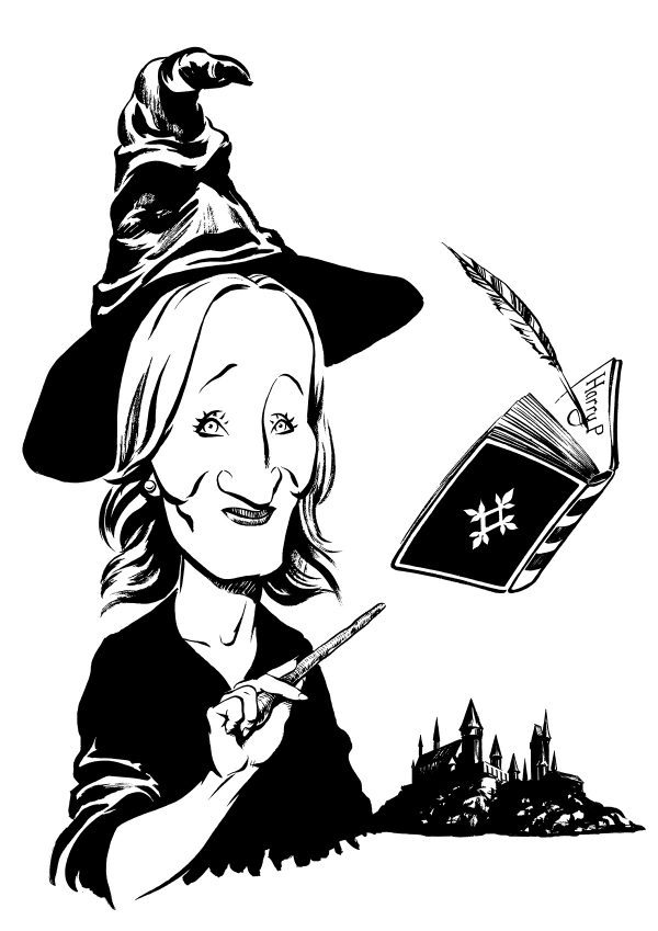 J K Rowling caricature, Harry Potter books author, wearing the sorting hat with a magic wand. By Ken Lowe Illustration. Limited edition prints available