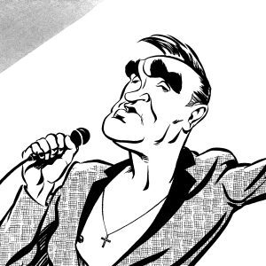 Morrissey caricature, The Smiths, Morrissey singing on stage. By Ken Lowe Illustration. Limited edition prints available, size A2 or A3, signed and numbered by Ken Lowe