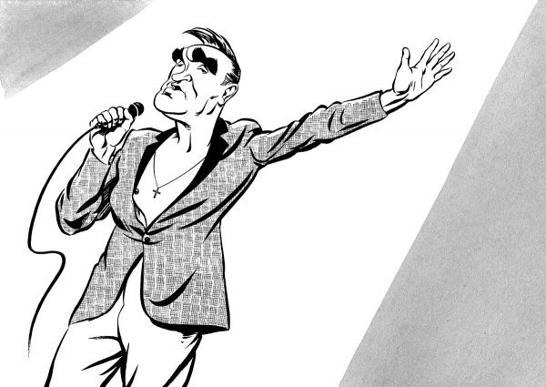 Morrissey caricature, The Smiths, Morrissey singing on stage. By Ken Lowe Illustration. Limited edition prints available, size A2 or A3, signed and numbered by Ken Lowe