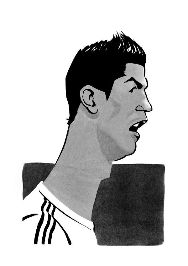 Christiano Ronaldo caricature, Manchester United, Real Madrid and Juventus professional footballer. By Ken Lowe Illustration. Limited edition prints available.