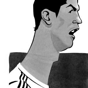 Christiano Ronaldo caricature, Manchester United, Real Madrid and Juventus professional footballer. By Ken Lowe Illustration. Limited edition prints available.