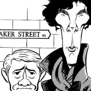 Caricature of Benedict Cumberbatch as Sherlock Holmes and Martin Freeman as Watson, From BBC TV series based on Sir Arthur Conan Doyle's detective stories. By Ken Lowe.