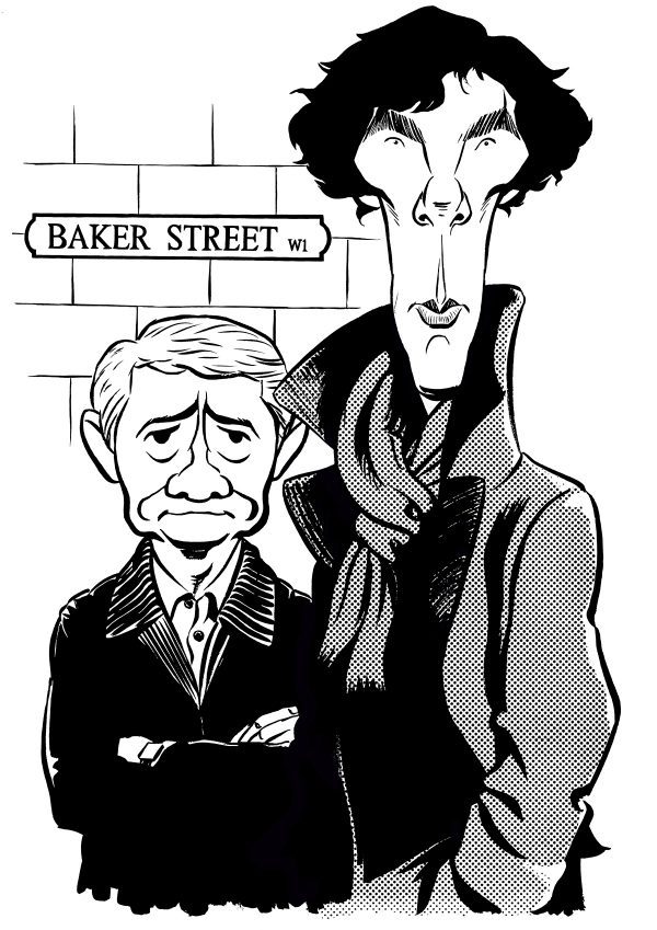 Caricature of Benedict Cumberbatch as Sherlock Holmes and Martin Freeman as Watson, From BBC TV series based on Sir Arthur Conan Doyle's detective stories. By Ken Lowe.