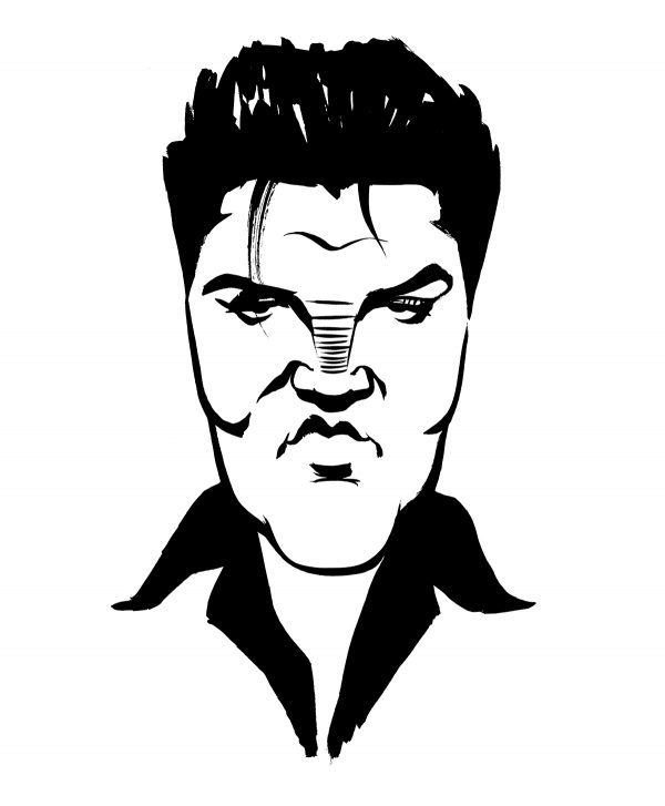 Elvis Presley caricature, King of Rock and Roll, singer, Memphis, Las Vegas. By Ken Lowe Illustration. Limited edition prints available, size A2 or A3, signed and numbered by Ken Lowe.