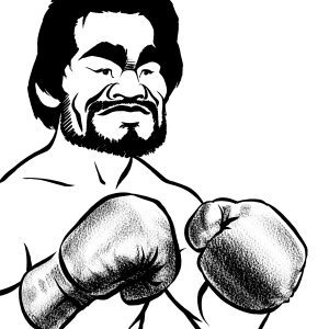 Roberto Duran caricature, Panamanian world champion boxer, nicknamed 'manos de piedra', hands of stone. By Ken Lowe.