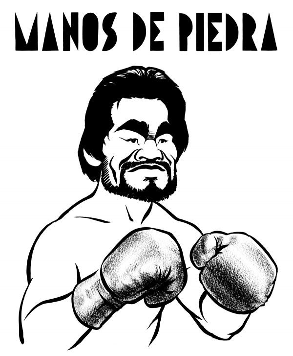 Roberto Duran caricature, Panamanian world champion boxer, nicknamed 'manos de piedra', hands of stone. By Ken Lowe.