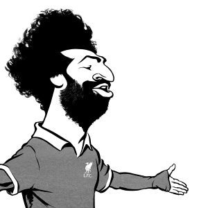 Mo Salah caricature, Liverpool Football Club, goal celebration. Limited edition prints available, size A2 or A3, from Ken Lowe Illustration