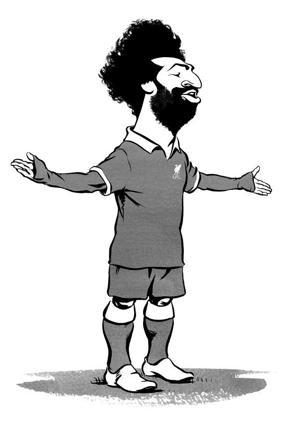 Mo Salah caricature, Liverpool Football Club, goal celebration. Limited edition prints available, size A2 or A3, from Ken Lowe Illustration