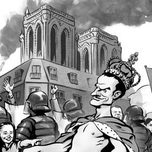 Emmanuel Macron caricature, President of France, Paris, notre dame cathedral. By Ken Lowe Illustration.