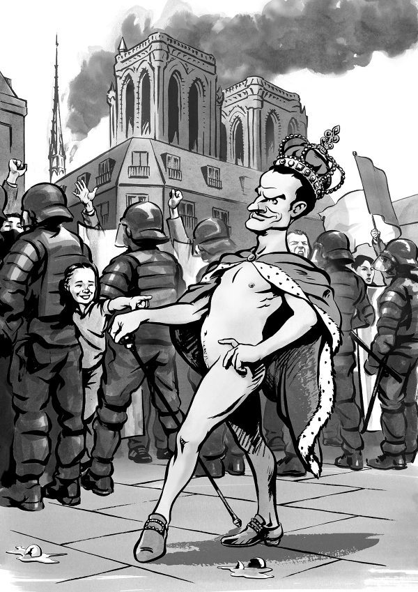 Emmanuel Macron caricature, President of France, Paris, notre dame cathedral. By Ken Lowe Illustration.
