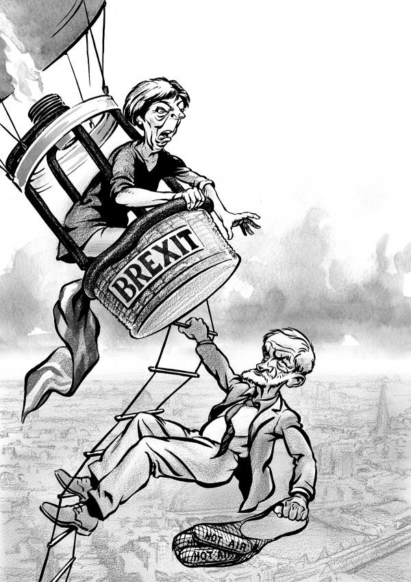 Theresa May and Jeremy Corbyn in a hot air balloon. Caricature by Ken Lowe Illustration.