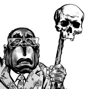 Robert Mugabe caricature, holding skull. President of Zimbabwe. African politician. By Ken Lowe Illustration. Limited edition prints available.