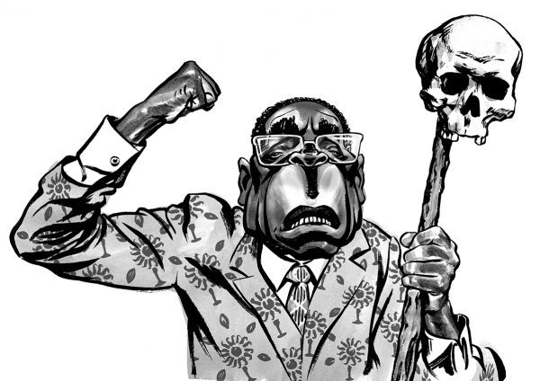 Robert Mugabe caricature, holding skull. President of Zimbabwe. African politician. By Ken Lowe Illustration. Limited edition prints available.