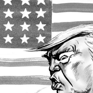 Caricature of President Donald trump in front of the American flag. By ken Lowe Illustration.