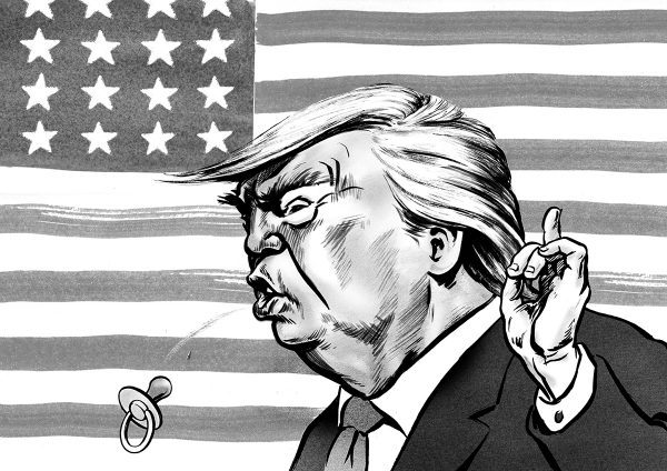 Caricature of President Donald Trump in front of the American flag. By ken Lowe Illustration.
