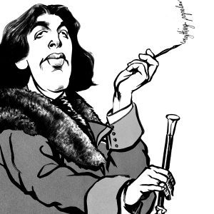 Caricature of playwright Oscar Wilde in black ink by Ken Lowe illustration.