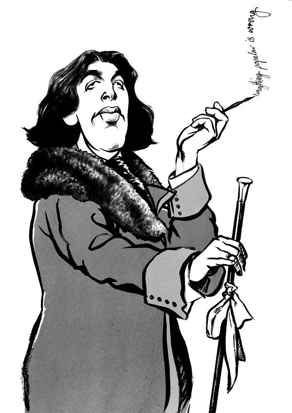 Caricature of playwright Oscar Wilde in black ink by Ken Lowe illustration.