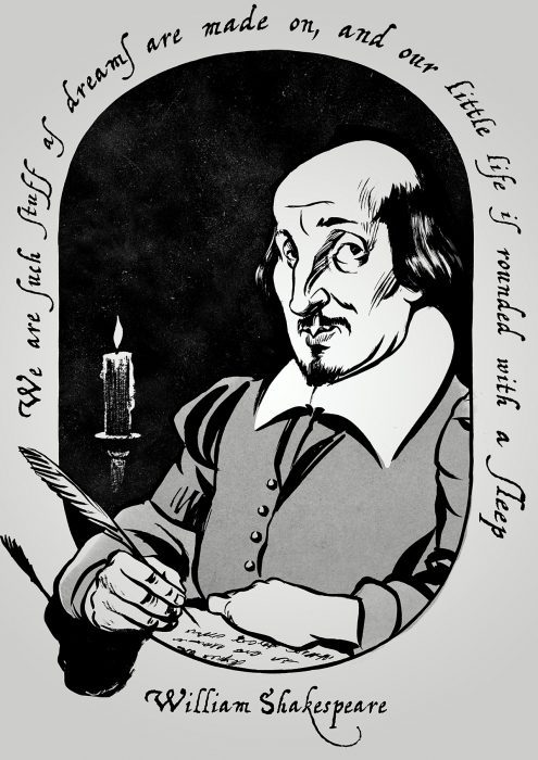 Caricature of English playwright William Shakespeare. By Ken Lowe Illustration.
