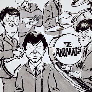 Caricature of 60's British band The Animals. By Ken Lowe Illustration.