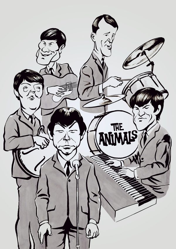 Caricature of 60's British band The Animals. By Ken Lowe Illustration.